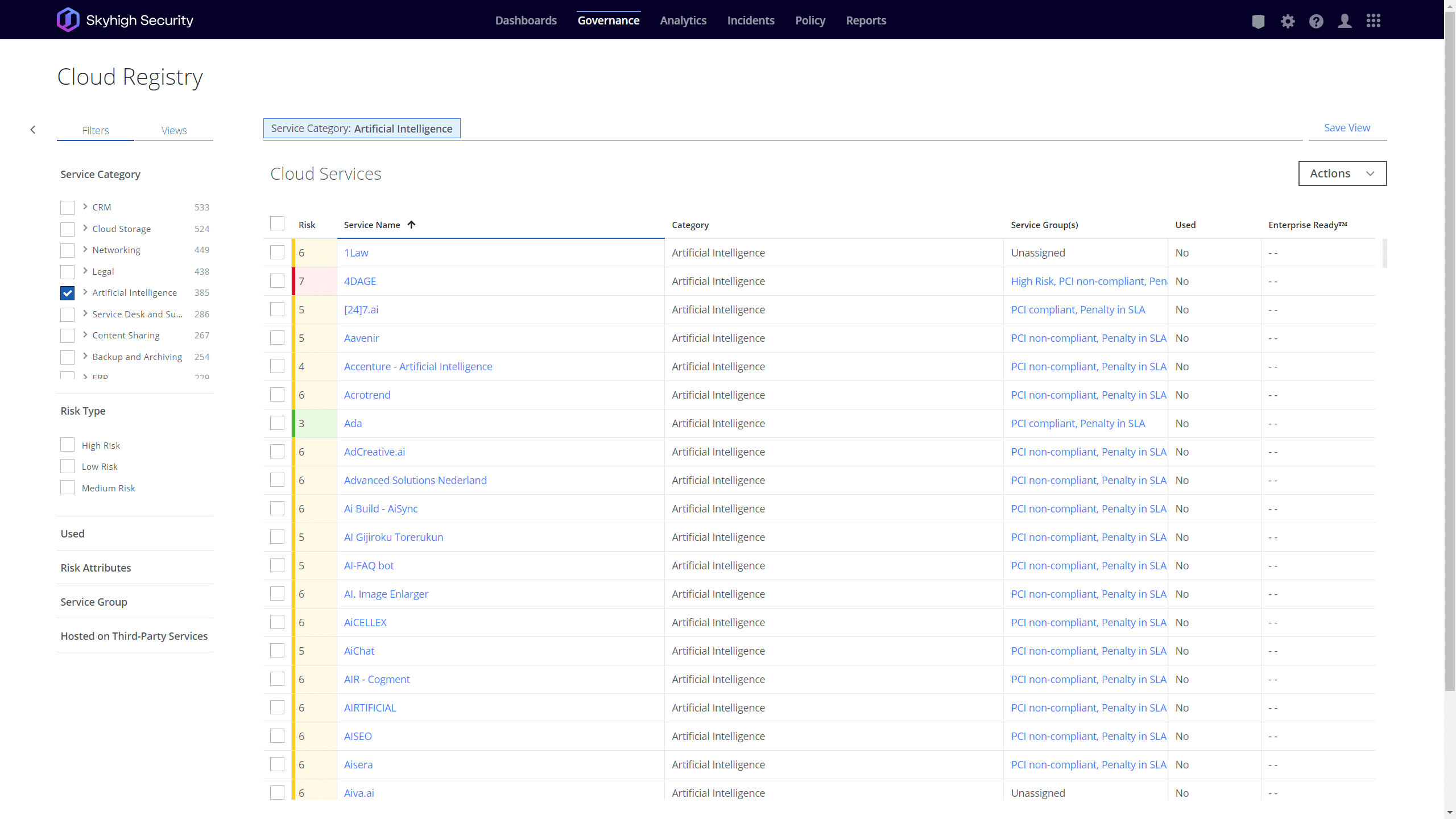 Skyhigh Security's Cloud Registry screenshot