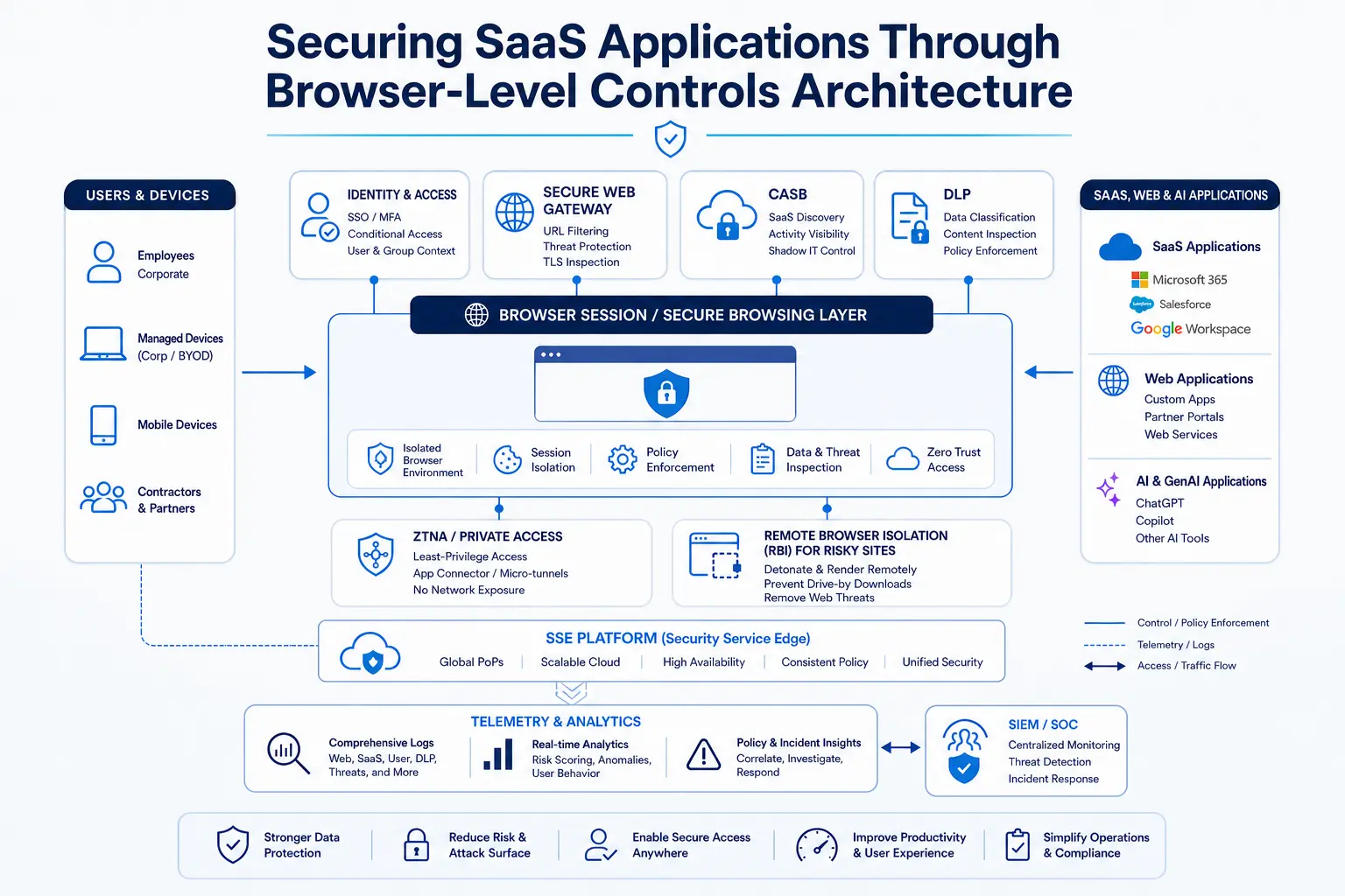 Overview of browser-level security controls for SaaS applications including DLP, session controls, and access policies