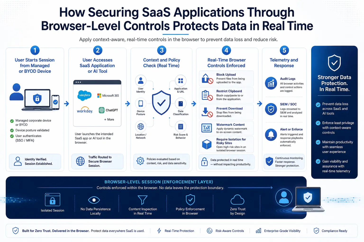 Workflow showing how browser-level controls enforce data protection policies across SaaS applications in real time