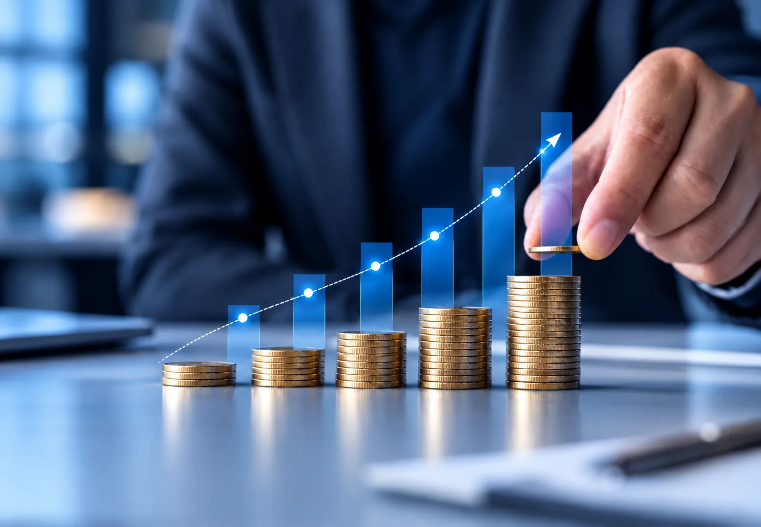 Hand stacking coins in rising columns under a growth chart