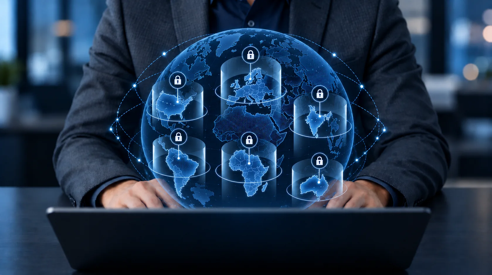 Globe of regional data stores, each locked, above a laptop