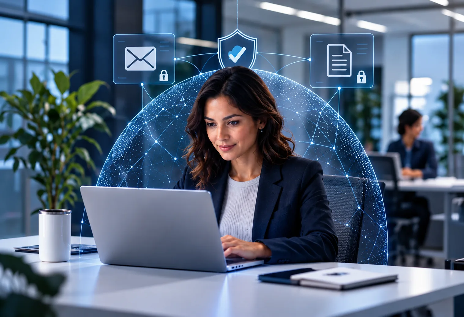 Office worker at a laptop protected by a network shield linking email and documents